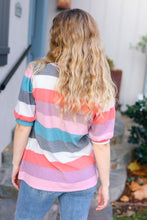 Load image into Gallery viewer, Look Out Teal & Rose Striped Hacci Knit Puff Sleeve Top