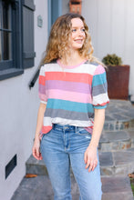 Load image into Gallery viewer, Look Out Teal & Rose Striped Hacci Knit Puff Sleeve Top