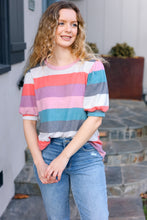 Load image into Gallery viewer, Look Out Teal & Rose Striped Hacci Knit Puff Sleeve Top