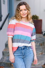Load image into Gallery viewer, Look Out Teal & Rose Striped Hacci Knit Puff Sleeve Top