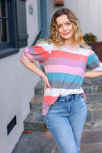 Load image into Gallery viewer, Look Out Teal & Rose Striped Hacci Knit Puff Sleeve Top