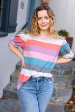 Load image into Gallery viewer, Look Out Teal & Rose Striped Hacci Knit Puff Sleeve Top