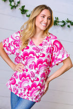 Load image into Gallery viewer, Magenta & White Geometric Floral V Neck Top