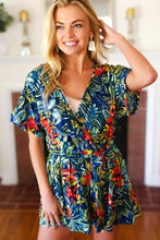 Load image into Gallery viewer, Navy Tropical Floral Surplice Romper