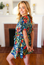 Load image into Gallery viewer, Navy Tropical Floral Surplice Romper