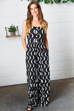 Load image into Gallery viewer, Black Abstract Wave Button Jumpsuit
