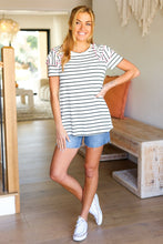 Load image into Gallery viewer, Get To It Ivory & Pink Merrow Stitch Ruffle Sleeve Stripe Top