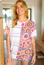 Load image into Gallery viewer, Always Fun Ivory & Fuchsia Stripe and Crochet Print Top