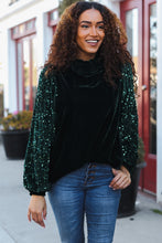 Load image into Gallery viewer, Under the Lights Green Velvet & Sequin Frill Mock Neck Top