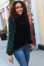 Load image into Gallery viewer, Under the Lights Green Velvet & Sequin Frill Mock Neck Top