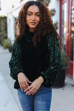 Load image into Gallery viewer, Under the Lights Green Velvet & Sequin Frill Mock Neck Top