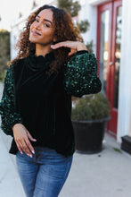 Load image into Gallery viewer, Under the Lights Green Velvet & Sequin Frill Mock Neck Top