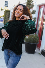 Load image into Gallery viewer, Under the Lights Green Velvet & Sequin Frill Mock Neck Top