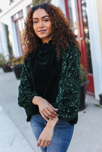 Load image into Gallery viewer, Under the Lights Green Velvet & Sequin Frill Mock Neck Top