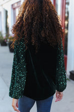 Load image into Gallery viewer, Under the Lights Green Velvet & Sequin Frill Mock Neck Top