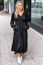 Load image into Gallery viewer, Elegant Black Elastic V Neck Tiered Satin Maxi Dress
