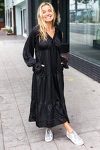 Load image into Gallery viewer, Elegant Black Elastic V Neck Tiered Satin Maxi Dress