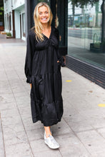 Load image into Gallery viewer, Elegant Black Elastic V Neck Tiered Satin Maxi Dress