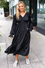 Load image into Gallery viewer, Elegant Black Elastic V Neck Tiered Satin Maxi Dress