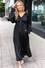 Load image into Gallery viewer, Elegant Black Elastic V Neck Tiered Satin Maxi Dress