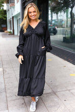 Load image into Gallery viewer, Elegant Black Elastic V Neck Tiered Satin Maxi Dress