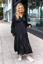 Load image into Gallery viewer, Elegant Black Elastic V Neck Tiered Satin Maxi Dress