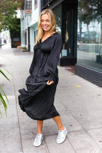 Load image into Gallery viewer, Elegant Black Elastic V Neck Tiered Satin Maxi Dress