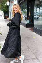 Load image into Gallery viewer, Elegant Black Elastic V Neck Tiered Satin Maxi Dress