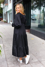 Load image into Gallery viewer, Elegant Black Elastic V Neck Tiered Satin Maxi Dress