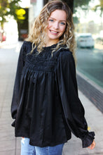 Load image into Gallery viewer, Be Your Best Black Satin Shirred Yoke Frilled Mock Neck Top
