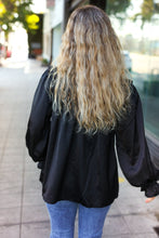 Load image into Gallery viewer, Be Your Best Black Satin Shirred Yoke Frilled Mock Neck Top