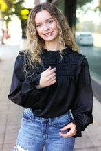 Load image into Gallery viewer, Be Your Best Black Satin Shirred Yoke Frilled Mock Neck Top