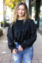 Load image into Gallery viewer, Be Your Best Black Satin Shirred Yoke Frilled Mock Neck Top