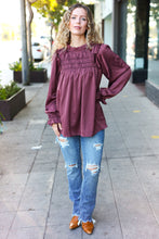 Load image into Gallery viewer, Be Your Best Wine Satin Shirred Yoke Frilled Mock Neck Top