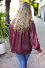 Load image into Gallery viewer, Be Your Best Wine Satin Shirred Yoke Frilled Mock Neck Top