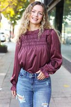 Load image into Gallery viewer, Be Your Best Wine Satin Shirred Yoke Frilled Mock Neck Top