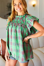 Load image into Gallery viewer, Live For Today Green Plaid Shirred Yoke Flutter Sleeve Top