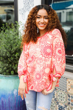 Load image into Gallery viewer, Be Bold Red & Coral Floral Long Sleeve Bow Tie Contrast Binding Top