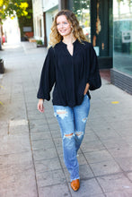 Load image into Gallery viewer, Boho Vibes Black Notched Neck Smocked Bubble Sleeve Top