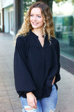 Load image into Gallery viewer, Boho Vibes Black Notched Neck Smocked Bubble Sleeve Top