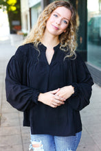 Load image into Gallery viewer, Boho Vibes Black Notched Neck Smocked Bubble Sleeve Top
