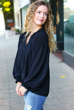 Load image into Gallery viewer, Boho Vibes Black Notched Neck Smocked Bubble Sleeve Top