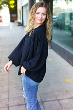 Load image into Gallery viewer, Boho Vibes Black Notched Neck Smocked Bubble Sleeve Top