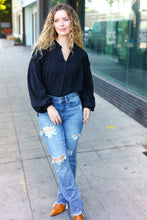 Load image into Gallery viewer, Boho Vibes Black Notched Neck Smocked Bubble Sleeve Top