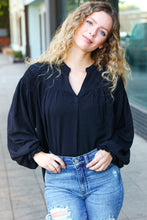 Load image into Gallery viewer, Boho Vibes Black Notched Neck Smocked Bubble Sleeve Top