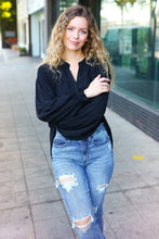 Load image into Gallery viewer, Boho Vibes Black Notched Neck Smocked Bubble Sleeve Top