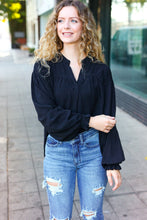 Load image into Gallery viewer, Boho Vibes Black Notched Neck Smocked Bubble Sleeve Top