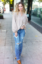 Load image into Gallery viewer, Boho Vibes Taupe Notched Neck Smocked Bubble Sleeve Top