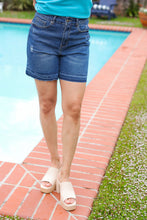Load image into Gallery viewer, Indigo Blue High Rise Release Hem Distressed Jean Shorts