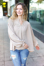 Load image into Gallery viewer, Boho Vibes Taupe Notched Neck Smocked Bubble Sleeve Top